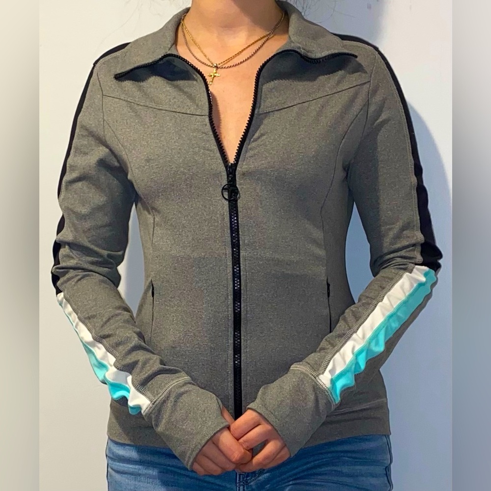 ‘Trina Turk Recreation’ Grey/White/Teal compression Zip Up Jacket size S